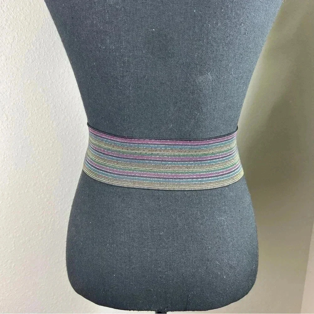 Women’s Wide Multicolored Elastic Vegan Leather Brushed Silver Tone Buckles Belt